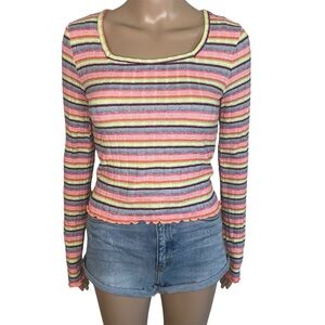 SO Multicolored Bright Striped Square Neck Long Sleeve Cropped Top